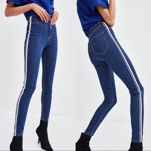 Zara High Rise Side Stripe Skinny Jeans Dark Wash size 10 - Picture 1 of 15